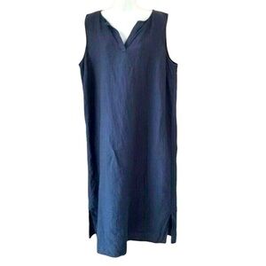 Lands’ End Women’s Sz 10 Navy Blue 100% Linen Midi Maxi Shift Minimalist Dress